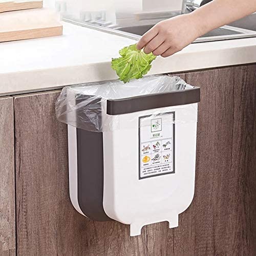 Kitchen Trash Can, Cabinet Door Hanging Bin Trash Can, Hanging Trash Can Collapsible Small Garbage Waste Bin for Kitchen Cabinet Door Creative Wall Mounted Folding Waste Bin, With Two Sticker Wet And Dry Garbage Option(White)