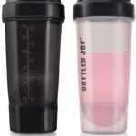 Protein Shaker Bottle with Power Storage 24 OZ Mixer Cups 2 Pack Soccer Shape Mixing, No Blending Ball or Whisk Needed, BPA Free