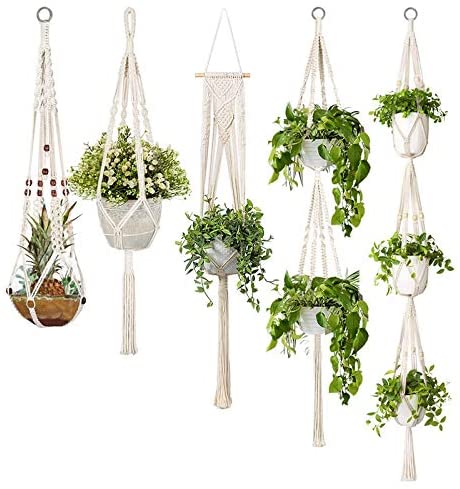 5 Pack Macrame Plant Hangers, Different Tiers, Handmade Cotton Rope Hanging Planters Set Flower Pots Holder Stand, for Indoor Outdoor Boho Home Decor