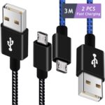 3M Micro USB Cable 2PACK USB to Micro USB Fast Charger and Data Syncing Nylon Braided Cable 10FT/3M for Samsung Galaxy S6 S7 S4 S3 S2 J1 Note 2, HTC, Kindle, Moto G5, PS4, Nokia(Black, Blue)