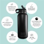 Water Bottle Stainless Steel and Double Wall Vacuum Insulated Straw Cap with Leak Proof, 18/8 Steel, Black, 950 ml(32 oz) - Image 2