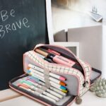 Large Pencil Case Big Capacity 3 Compartments Canvas Pencil Pouch for Teen Boys Girls School Students(Pink Strip Black Grid) - Image 6