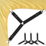 Bed Sheet Fasteners, Adjustable Triangle Elastic Suspenders Gripper Holder Straps Clip for Bed Sheets,Mattress Covers, Sofa Cushion, Plastic+Metal, Black, 4 Pack Short