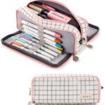 Large Pencil Case Big Capacity 3 Compartments Canvas Pencil Pouch for Teen Boys Girls School Students(Pink Strip Black Grid)