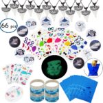 Shark Party Favors Supplies Pack Shark Tooth Necklace Tattoo Sticker Shark Gift Bag Shark Bracelet Pin Back Button for Kids Under The Sea/Birthday/Goody Bags(66 pcs/Set)