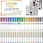 30 Pack Metallic Marker Pens, 24 Colors Fine Tip Paint Pens with 6 Stencils for DIY Craft Photo Album Rock Art Painting Card Making Glass Wood