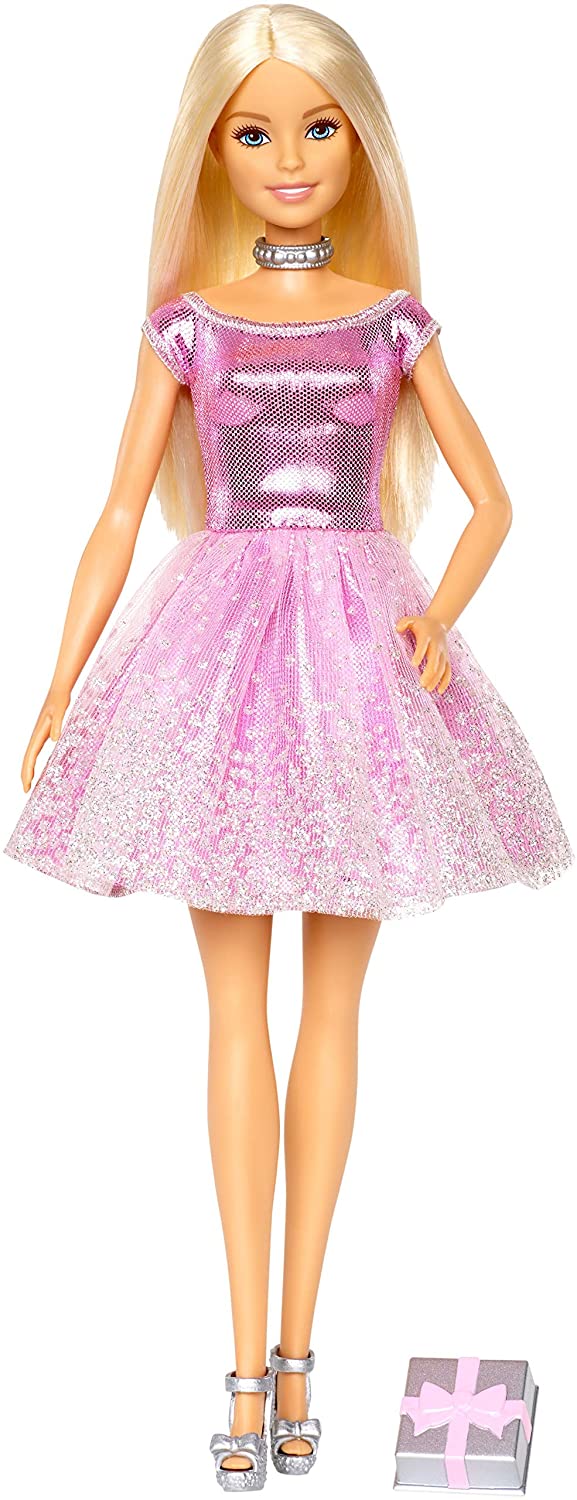 GDJ36 Happy Birthday Doll, Blonde, Wearing Sparkling Pink Party Dress with Present