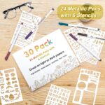 30 Pack Metallic Marker Pens, 24 Colors Fine Tip Paint Pens with 6 Stencils for DIY Craft Photo Album Rock Art Painting Card Making Glass Wood - Image 2