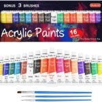 Acrylic Paint Set 16 x 12ml Tubes Artist Quality Non Toxic Rich Pigments Colors Great for Kids Adults Professional Painting on Canvas Wood Clay Fabric Ceramic Crafts