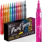 Glitter Paint Pens for Rock Painting, Scrapbook Journals, Photo Albums, Card Stocks, Paper Project, Coloring. Set of 12 Acrylic Glitter Paint Markers Extra Fine Tip 0.7mm