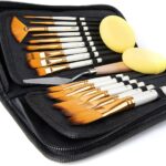 15 pcs Paint Brush Set for Acrylic Oil Watercolor Gouache Painting Includes Pop up Carrying Case with Palette Knife and 2 Sponges