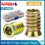 105pcs M4 M5 M6 M8 M10 Thread Hex Drive Insert Fixing Wood Screw Inserts Nut Box