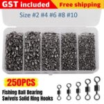 250PCS/Box Fishing Ball Bearing Swivels Solid Ring Hooks Tackle Tools Connectors