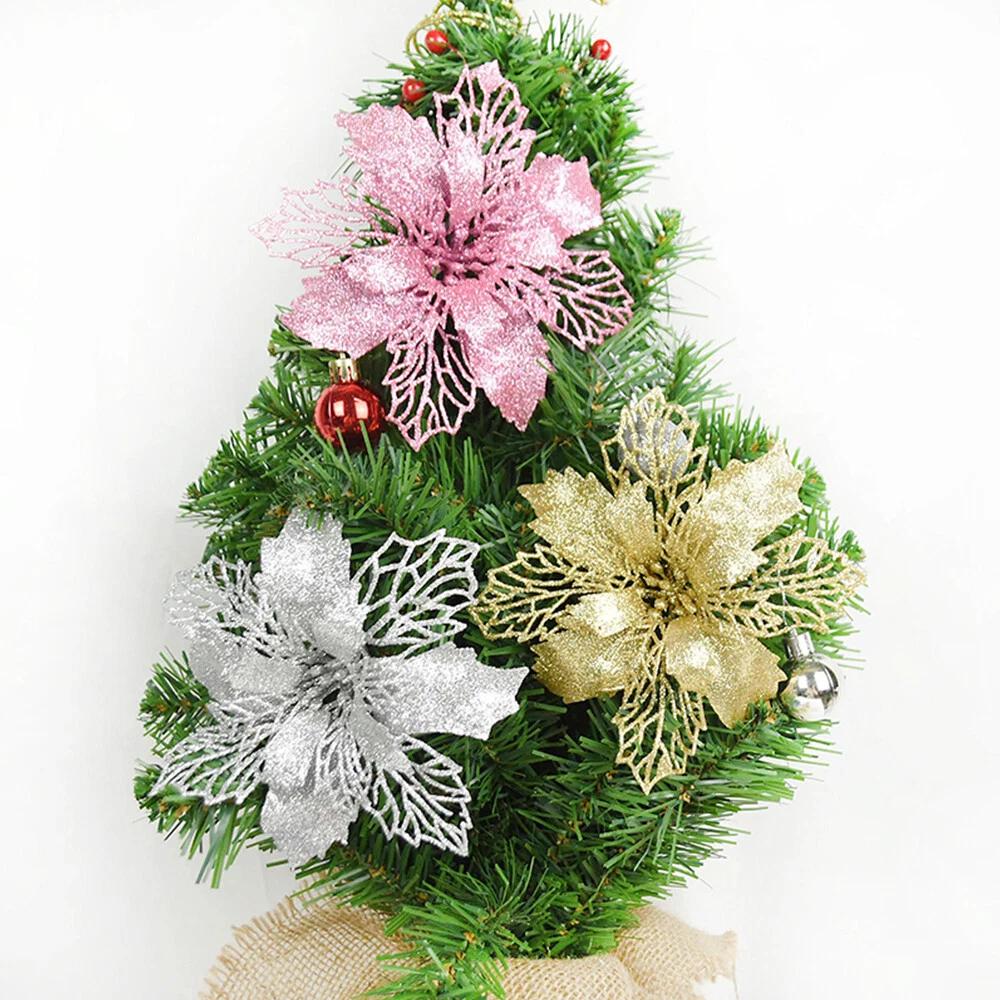 10PCS Christmas Poinsettia Glitter Flower Tree Hanging Xmas Tree Decoration