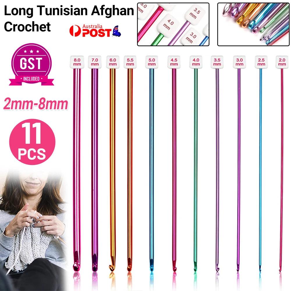 11PCS 2-8mm Aluminum long Tunisian Afghan Crochet Hook Needles Knit Colourful AU