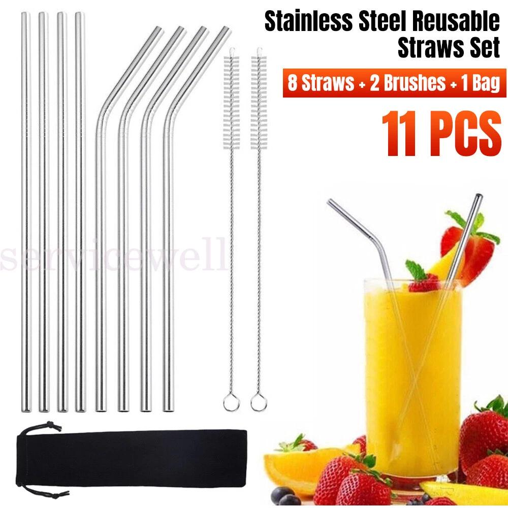 11pcs Reusable Stainless Steel Metal Straw Set with Brush for Drinking