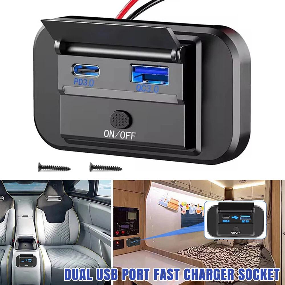 12V/24V Dual PD USB Port Fast Charger Socket Power Outlet Panel Car RV Caravan