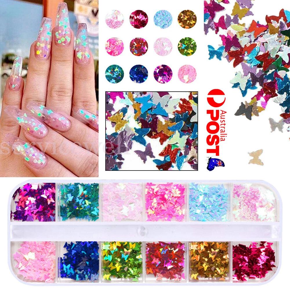 12 Grids Butterfly Shape Nail Flakes 3D Holo Laser Glitter Sequin Nail Art Decor