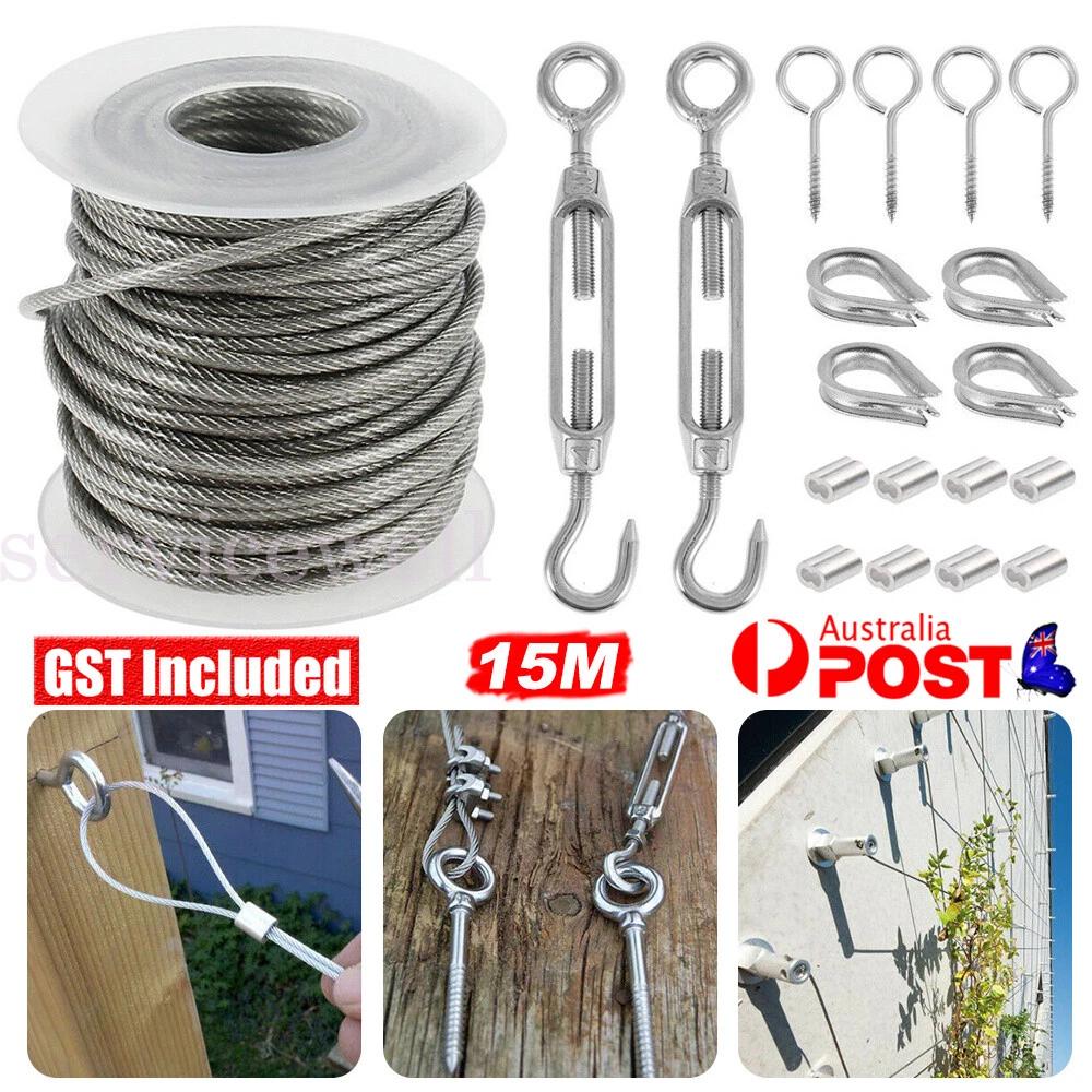 15M Stainless Steel Wire Rope Cable Kit Hooks Hanging Garden Railing Roll
