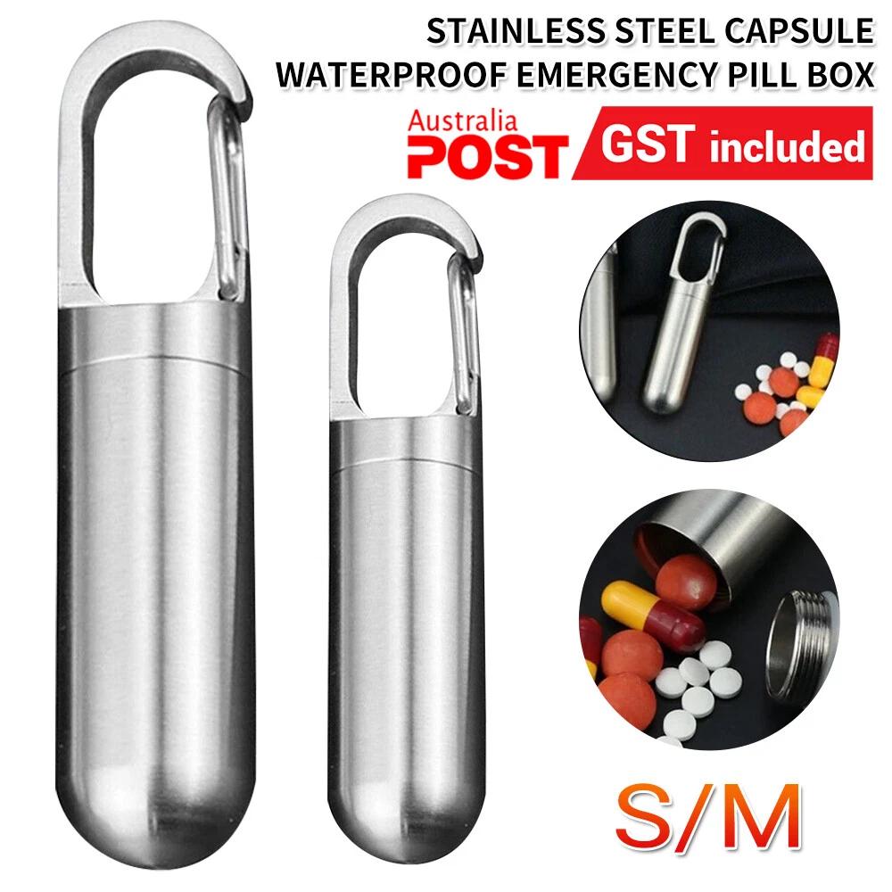 StainlessSteel Capsule WaterproofEmergency Pill Box Key Ring Tablet Container