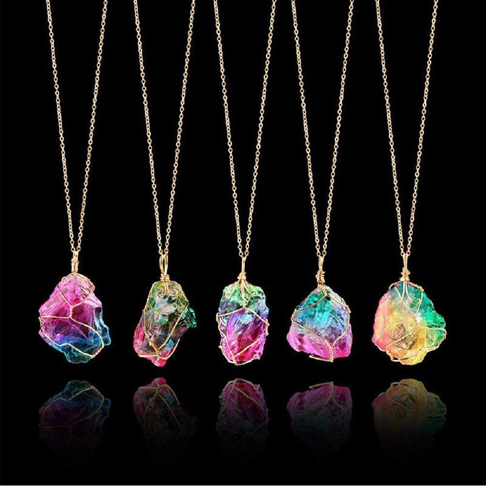 Natural Crystal Quartz Chakra Rock Healing Rainbow Stone Pendant Necklace