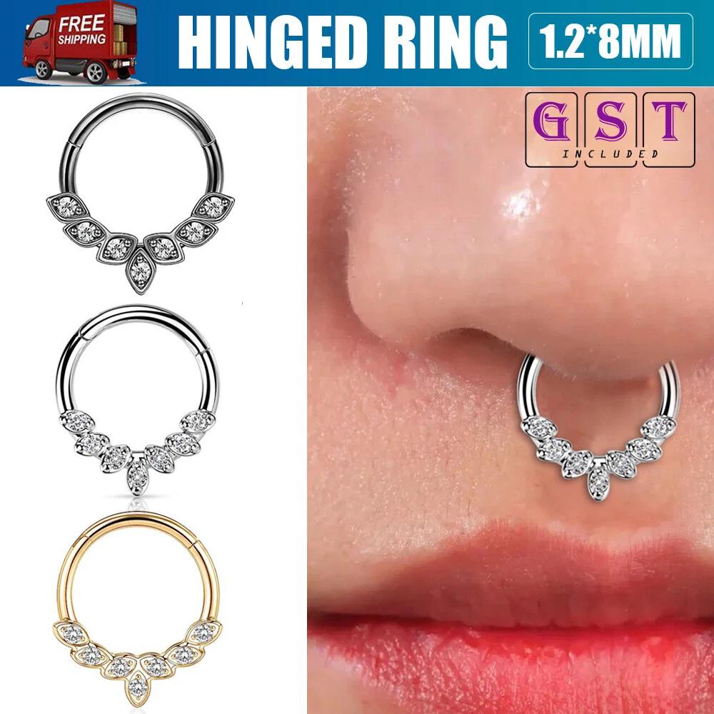 Surgical Steel 16g CZ Hinged Ring Clicker Nose Ear Tragus Septum Piercing