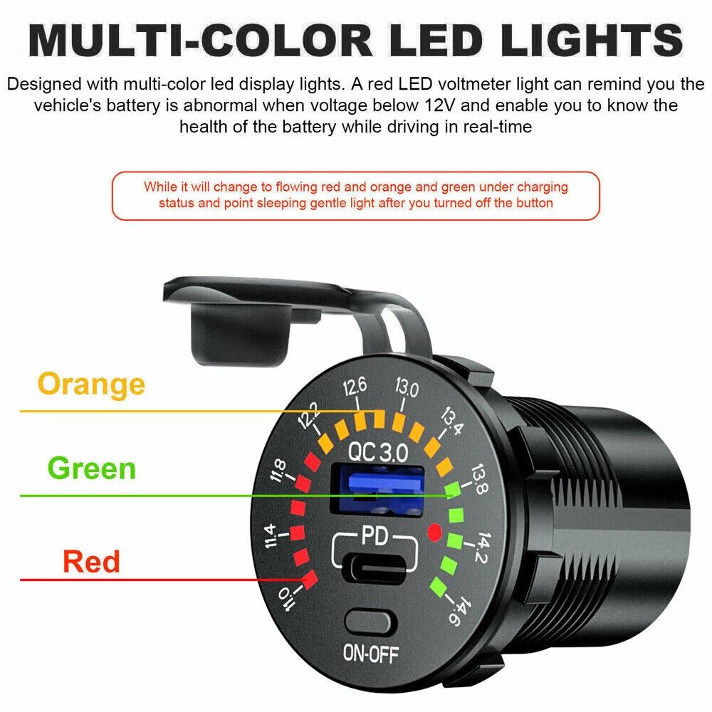 PD Type C USB Car Charger Dual QC 3.0 Charger 12V Power Outlet Socket ONOff - Image 2