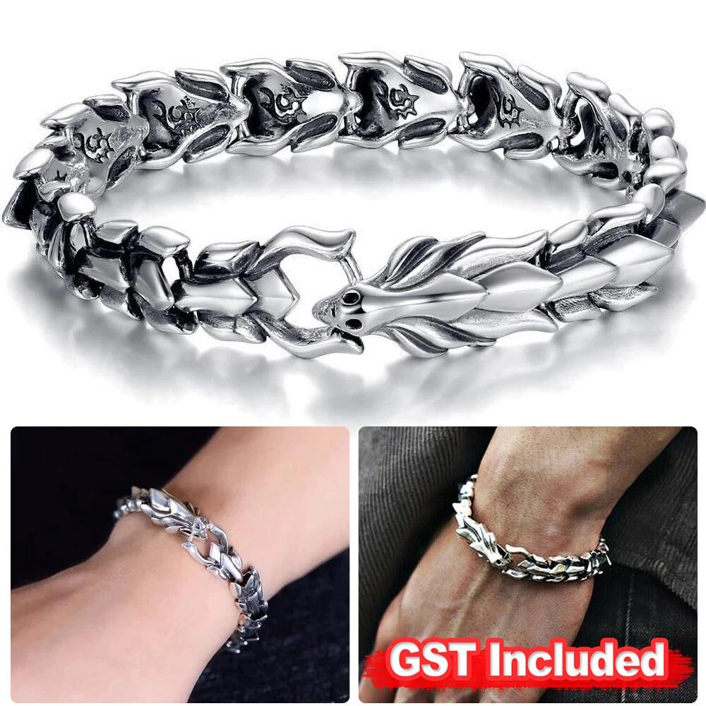 Viking Dragon Link Chain Bracelet Cool Stainless Steel Ouroboros Bangle Men