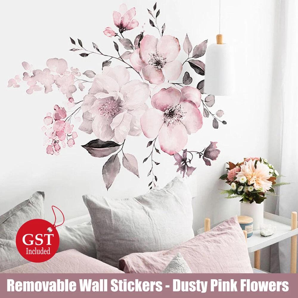 Removable Wall Stickers Watercolour Dusty Pink Flowers Leaves Home Decor AU