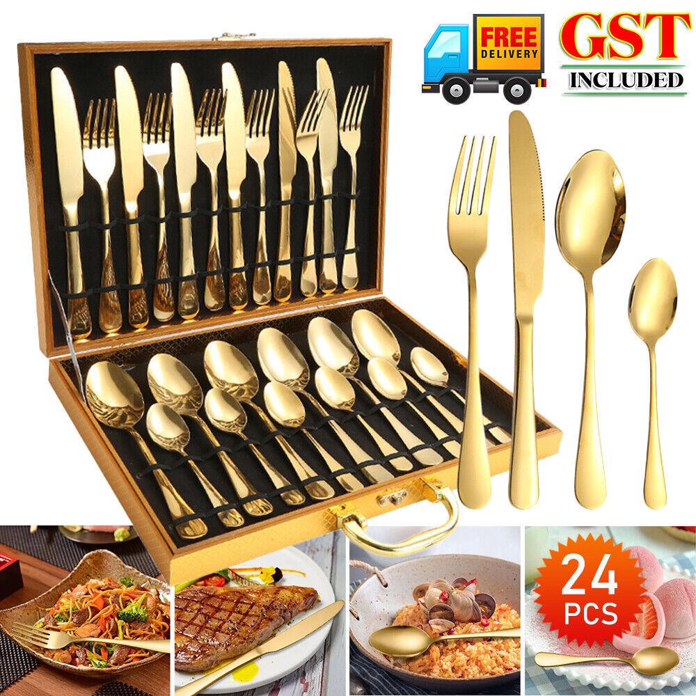 24 Pieces Kitchen Cutlery Set 410 Stainless Steel Gold Knife Fork Spoon Kit Gift