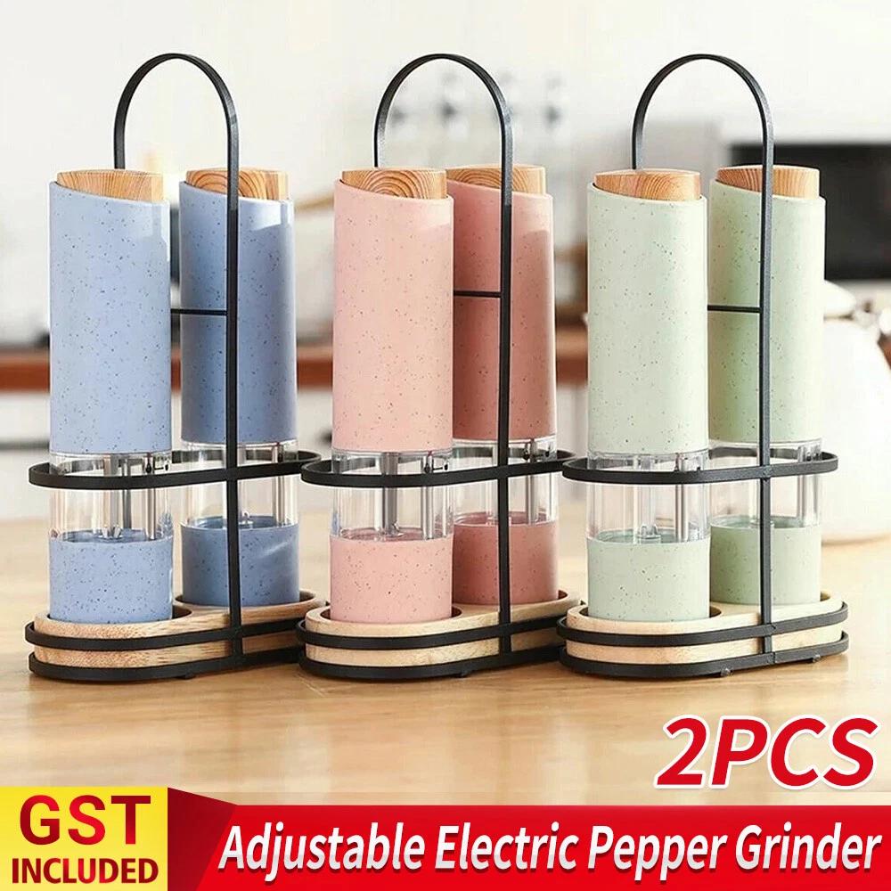 Adjustable Electric Salt and Pepper Grinder Mills Shakers Set With Holder NEW