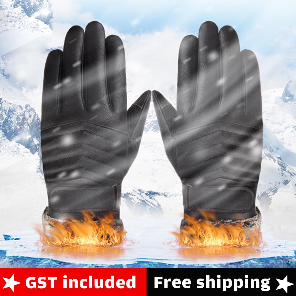 2PC Winter Warm PU Leather Wool Wrist Gloves Touch Screen Full Finger Fur Mitten