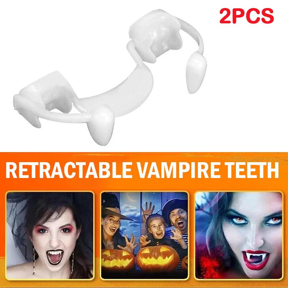 2pcs Retractable Vampire Teeth Halloween Cosplay Makeup Zombie Horrific Fangs