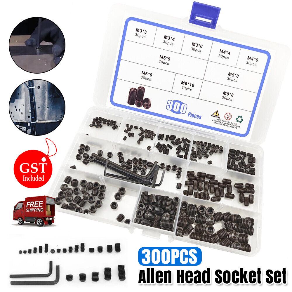 300Pcs M3/M4/M5/M6/M8 Carbon-Steel Hex Socket Set Grub Screws Kit+5Pcs Keys AUS