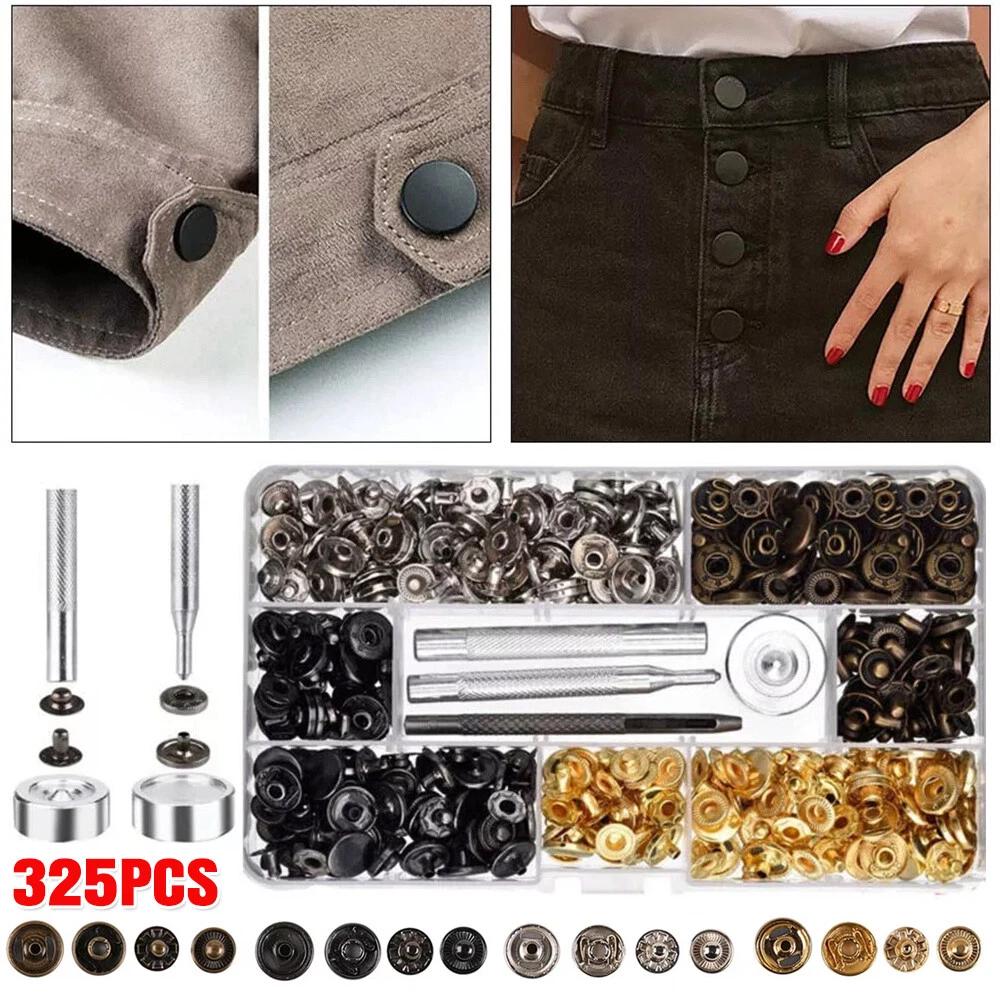 325pcs Metal Snap Fasteners Kit Press Studs Buttons Tool Women Men Craft Leather