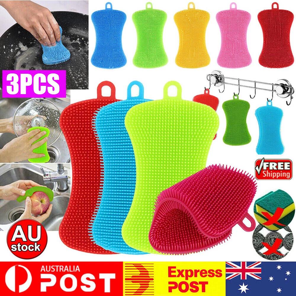 3PCS Home Kitchen Silicone Scrubber Sponge Brush Dish Pot Pan Washing Cleaning