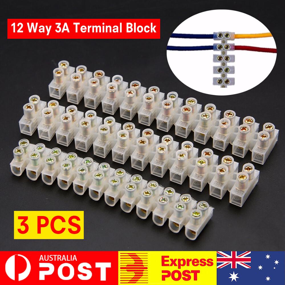 3pcs 12 Positions 3A Dual Rows Covered Barrier Screw Terminal Block Wire Strips