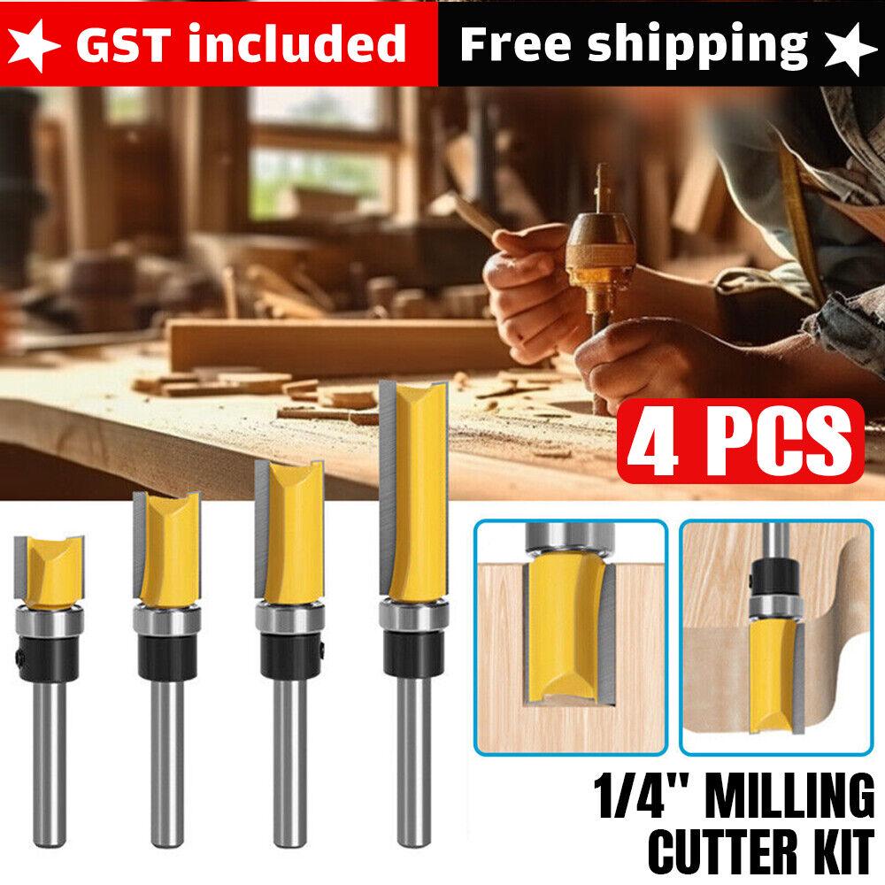 4PCS 1/4''Shank Top Bearing Flush Trim Pattern Router Bit Set Milling Cutter Kit