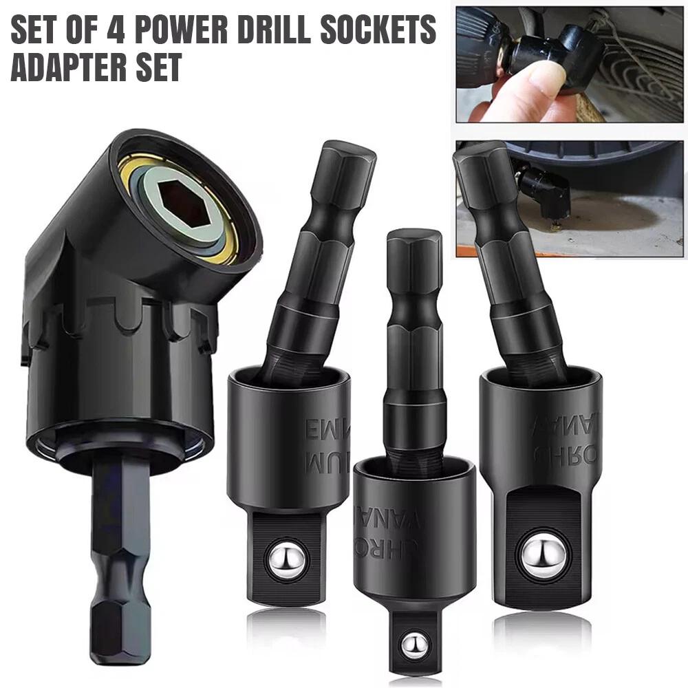 4 Piece Power Drill Sockets Adapter Set + 105 Degree Right Angle Screwdriver set