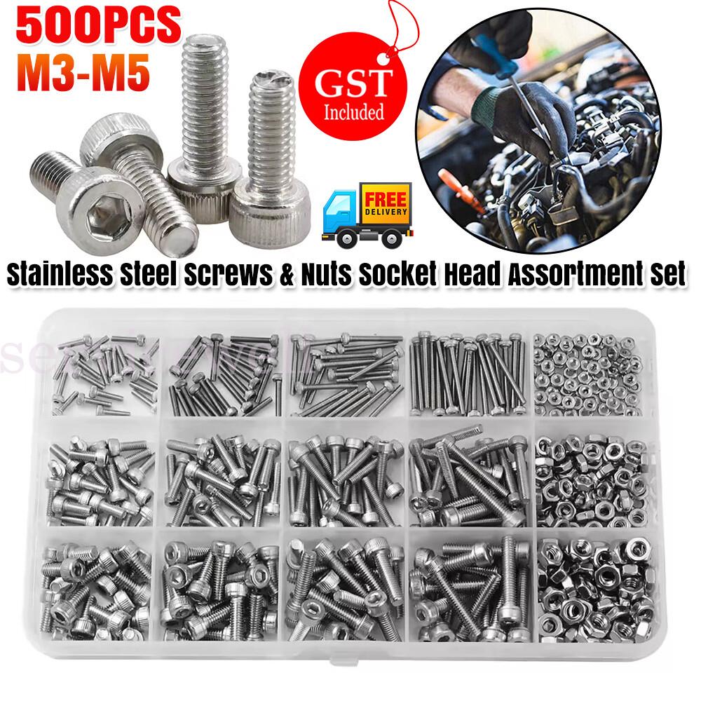 500 Pcs Stainless Steel Set Screws and Nuts Socket Head Assortment Set M3 M4 M5