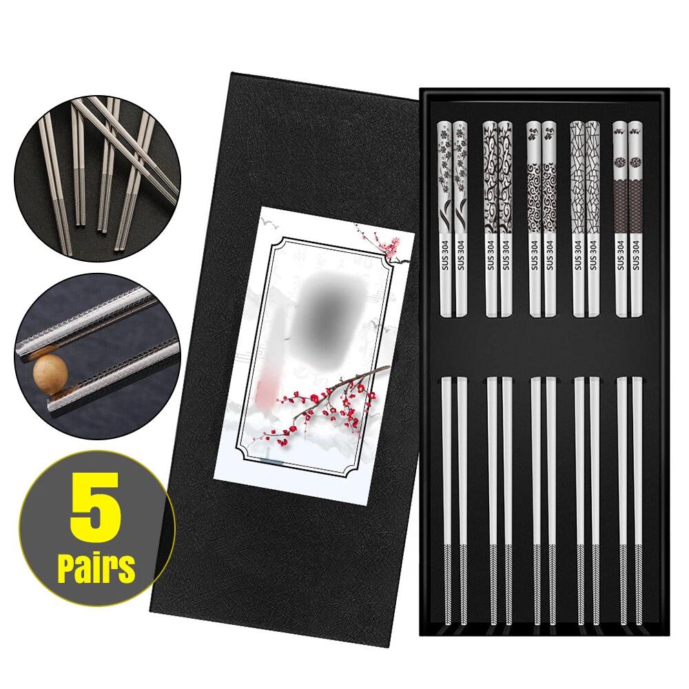 5Pairs of Metal Chopsticks Reusable Dishwasher Safe Carving Non-Slip Cutlery AU - Image 4