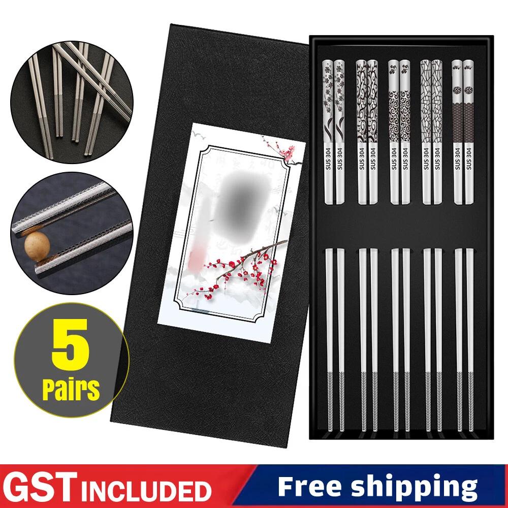 5Pairs of Metal Chopsticks Reusable Dishwasher Safe Carving Non-Slip Cutlery AU