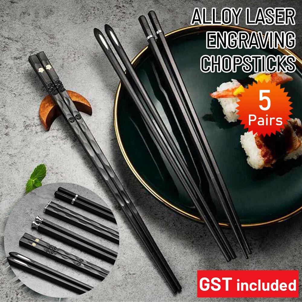 5 Pairs Premium Quality Alloy Chinese Japanese Chopsticks Dishwasher Safe Black