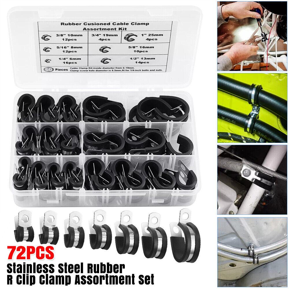 72 Stainless Steel Rubber R Clip Clamp Assortment Set for Wire Cable Pipe 6-25mm