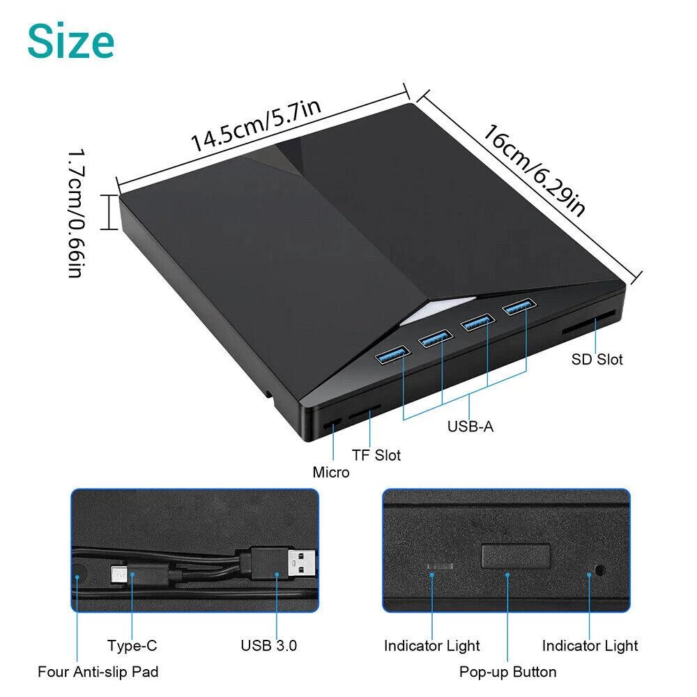 7 In 1 External CD DVD Drive USB 3.0 SD Disc Player Burner Writer For Laptop Mac