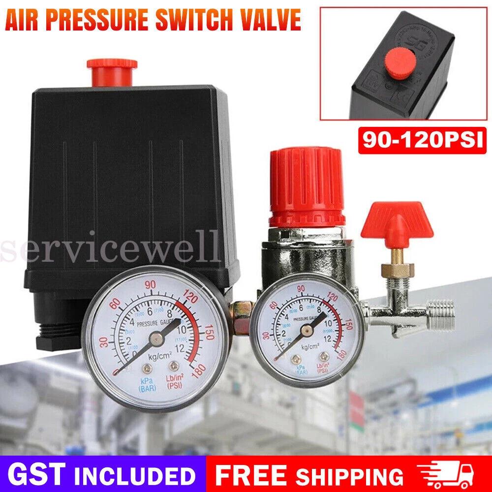 90-120PSI Air Compressor Pressure Switch Control Valve Manifold Regulator Gauges