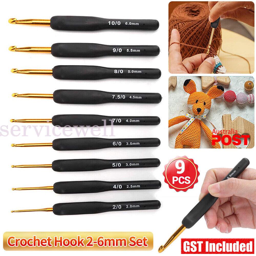9PCS 2-6mm Soft Sewing Handle Aluminum Crochet Hook Knitting Needles Yarn Set AU