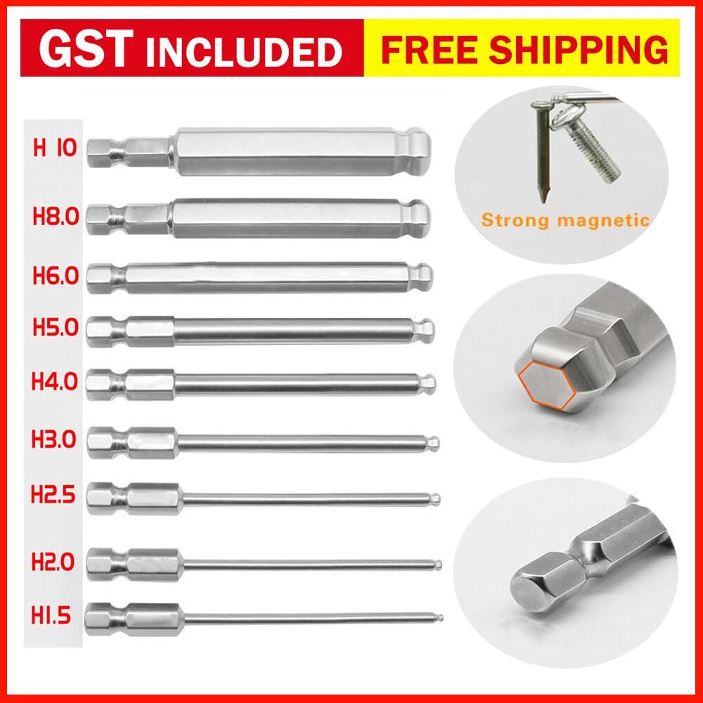 9pcs 1/4 inch Hex Shank Ball End Allen Wrench Drill Bits Set 100mm Metric Long