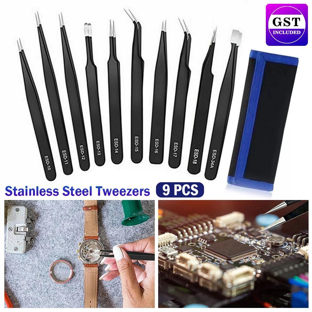 9pcs ESD Anti-Static Tweezers Stainless Steel Tool Maintenance Protector Set