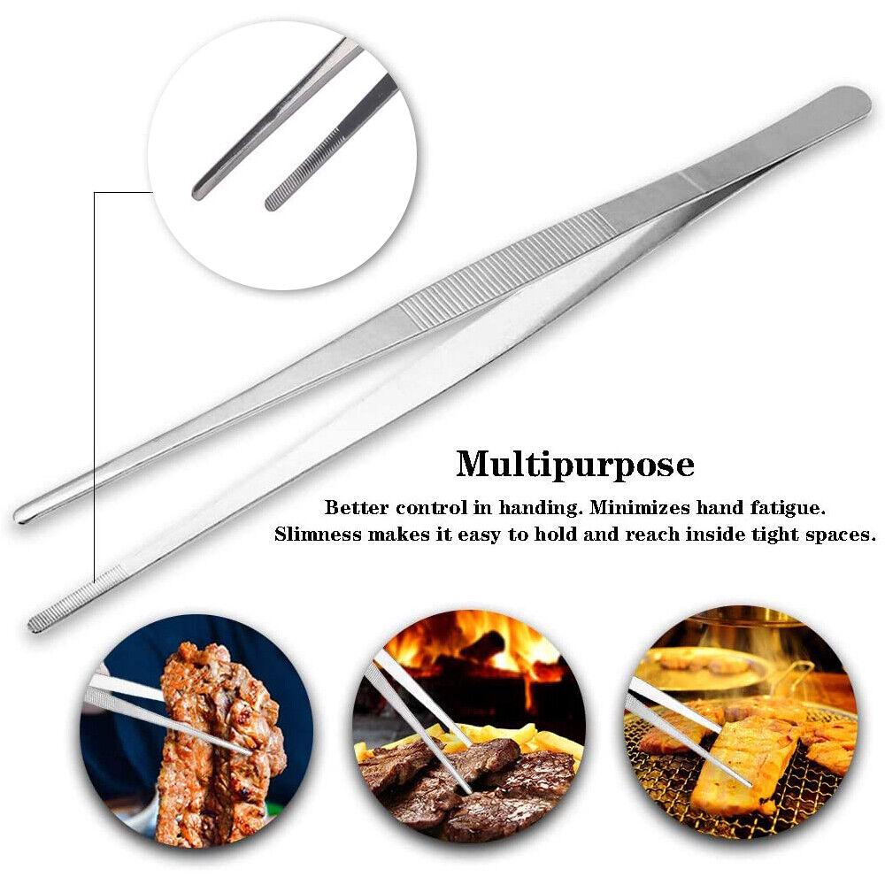 Silver Stainless Steel Long Food Tongs Straight Tweezers Kitchen Tool - Image 7